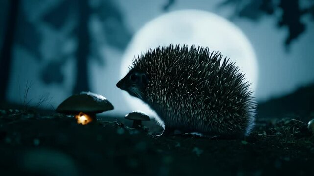 A cute hedgehog in the snow at night with its sharp, spiny bristles, isolated in the wild, surrounded by autumn plants, showing its small, prickly nature in a cartoon-style illustration
