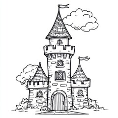 Fototapeta premium Hand-drawn illustration of a fairytale castle with two towers, crenelations, and a flag.