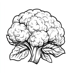 Detailed line drawing of a cauliflower head with leaves.