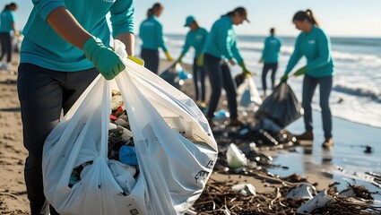 Collective Action: Volunteers Unite in Beach Cleanup for a Sustainable Future. A dedicated team working together to remove litter from the coast.