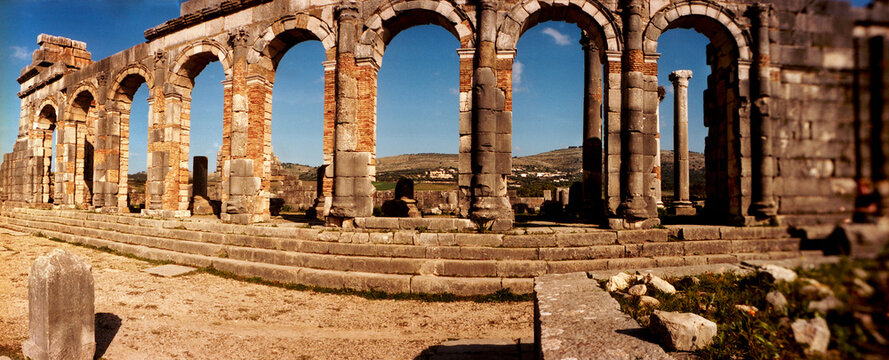 Panoramic view of ancient Roman ruins at an archaeological site, Volubilis, Morocco.