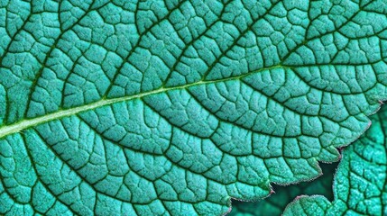 Obraz premium Detailed close-up of a vibrant teal leaf, showcasing intricate vein patterns