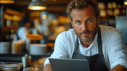 A chef in a professional kitchen focused on work with a laptop exuding professionalism and cu