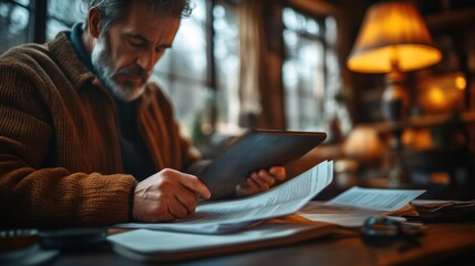 A focused individual reviewing documents in a cozy warmly lit room