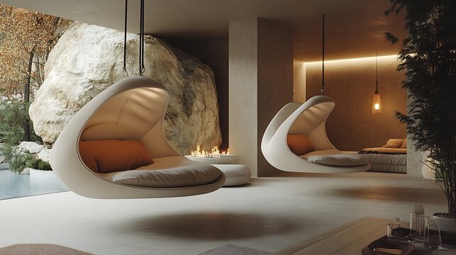 Suspended cocoon like lounge chairs floating a serene modern interior featuring soft organic forms warm lighting and futuristic comfort