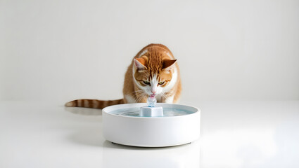 Ginger and white cat drinking from a modern, white pet water fountain. Pet care 