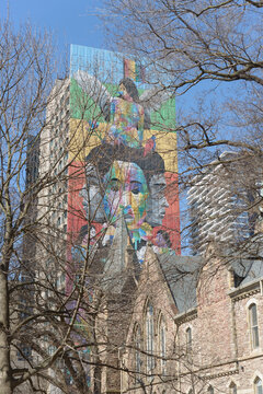 mural by Spanish street artist Okuda San Miguel, southwest corner of Jarvis and Carlton Streets, across from Grace Toronto Church (383 Jarvis St)