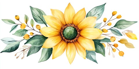 A vibrant watercolor painting of a sunflower with yellow berries and green leaves creates a cheerful summer mood Perfect for invitations and greeting cards