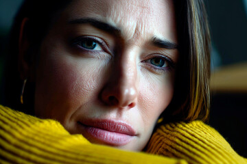 Close-up of sad and worried middle-aged woman with blue eyes in yellow sweater  .