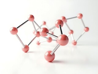 Obraz premium Modern 3D Molecular Structure in Coral Pink and Silver on White – Educational Science Illustration, 3D molecule illustration, coral atoms, shiny silver rods, minimalist science image, education stock 