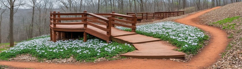 Fototapeta premium Overlook platform on trail with flowers in forest environment