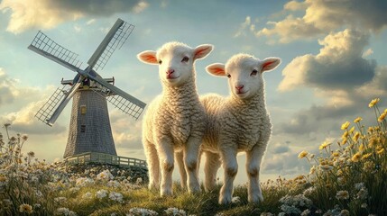 Obraz premium Two lambs in field, windmill background, spring