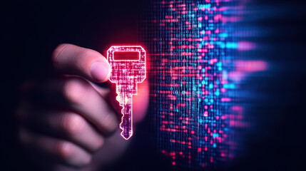 Obraz premium A hand clutching a glowing key unlocks a vast digital code, symbolizing the secure future of technology and innovation.