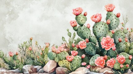 Watercolor painting of blooming prickly pear cacti and desert flora against a textured background.