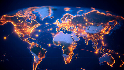 A world map highlighting glowing city connections