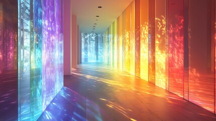 Radiant rainbow prism light filled room with refracted sunlight cascading through crystalline panels vibrant color shifting walls glass spectrum elements and an ethereal glowing atmosphere
