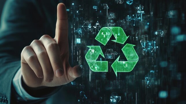 Hand interacting with a digital recycling symbol. - Powered by Adobe