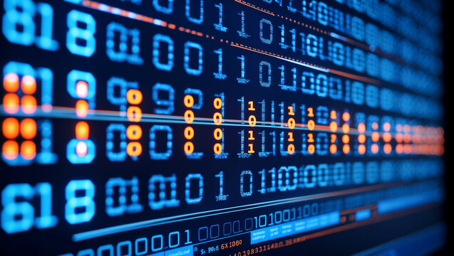 Binary code in blue and orange on computer screen