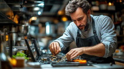 Chef in Apron Focusing on Detailed Culinary Preparation in a Professional Kitchen Setting