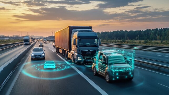 Autonomous vehicles driving on highway at sunset, showcasing advanced safety features and technology.