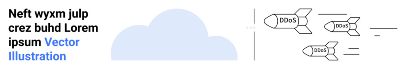 Missile icons labeled DDoS attack a cloud, representing online threats and data breaches. Ideal for cybersecurity, tech risks, network protection, cloud safety, IT challenges, digital defense, simple