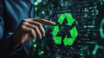 Person interacts with a digital recycling symbol, showcasing sustainable technology and eco-friendly practices.