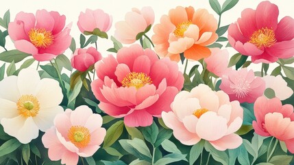 A painting of a field of flowers with pink and white flowers