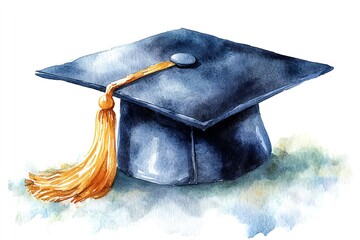 A hand-painted watercolor graduation cap with a golden tassel sits on a light blue background.  Perfect for graduation announcements and celebratory designs.