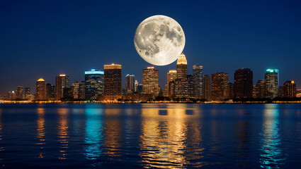 City skyline illuminated by moonlit reflections