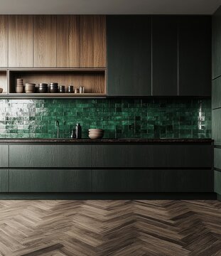 Modern, dark green kitchen with teal tile backsplash and wood accents.  A sleek, contemporary kitchen design featuring dark green cabinetry, a teal tile backsplash, and warm wood accents.  