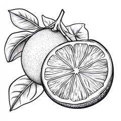 Line art drawing of an orange, whole and sliced, with leaves.