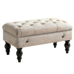 White Upholstered Bench with Black Legs and Buttoned Seat Isolated on Transparent Background