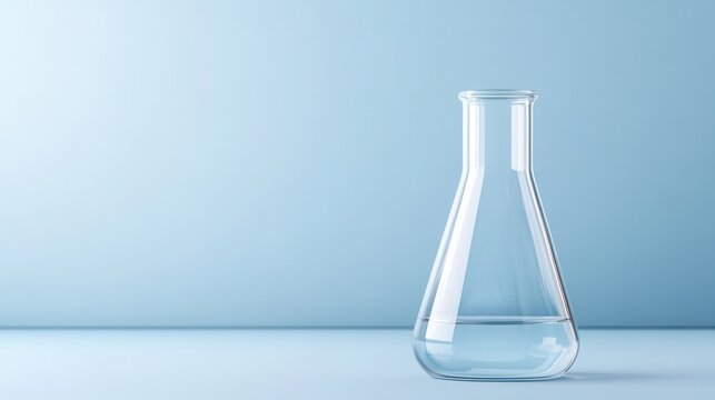 Clear laboratory flask on a smooth surface with soft blue background for scientific and educational use