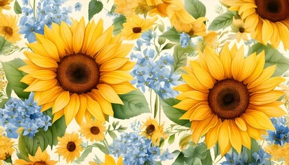 Fototapeta premium Sunflower and Hydrangea Flower Pattern with Watercolor Style and Pastel Background