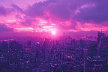 Fototapeta premium Vibrant sunset casts purple hues over skyline showcasing buildings and rivers in serene evening light