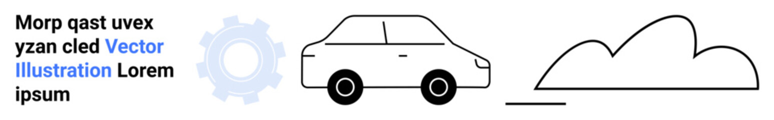Minimalist car design on a straight road, gear symbol, abstract cloud. Ideal for automotive, transport, mechanics, innovation, environment, travel simple landing page
