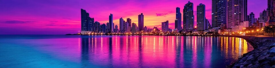 Stunning City Skyline Panoramic View at Night with Vivid Purple and Blue Sunset Reflecting on Calm Water Modern Urban Architecture Nighttime Scenic Photography