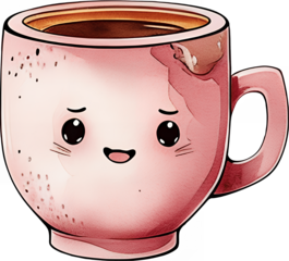 Cute kawaii pink coffee mug with happy face, adorable cartoon character for children's illustration and cafe branding design