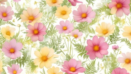 Obraz premium Floral Cosmos Flower Pattern with Ferns and Soft Pastel Colors