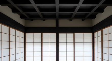 Japanese Architecture with Black Painted Ceiling Beams and Shoji Screen Walls