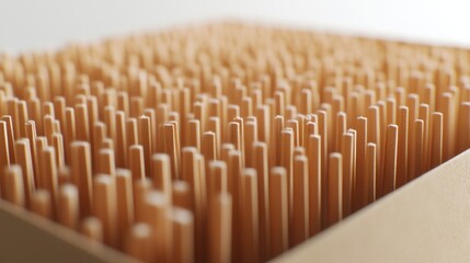Close-up of numerous light brown wooden chopsticks neatly arranged in a cardboard box.