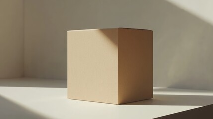 Beige cardboard box in sunlight on a white surface.