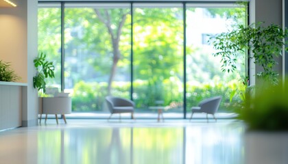 Fototapeta premium Blurred Image Of A Contemporary And Bright Reception Area With Stylish Furniture And Large Windows Facing Green Landscapes.