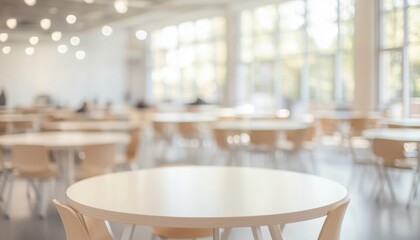 Blurred Image Of Spacious And Elegant Event Hall With Round Tables And Bright Windows In Contemporary Conference Setting.