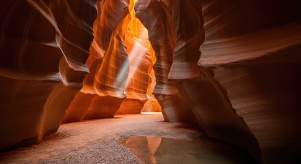 Stunning view of sunlit orange rock formations and narrow canyon