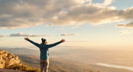 Person with arms outstretched on mountain, enjoying sunrise