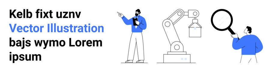 Engineer pointing at a robotic arm, a person with magnifying glass inspecting, and text elements. Ideal for innovation, technology, robotics, data analysis, manufacturing, automation simple landing