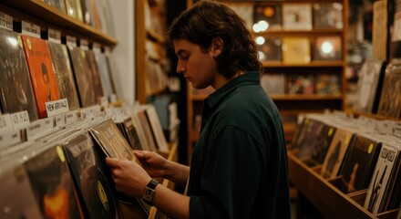 Caucasian male browsing vinyl records in cozy store