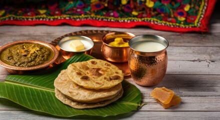Fototapeta premium Traditional Indian meal with various dishes served on leaf; includes flatbread, curry, and dairy products