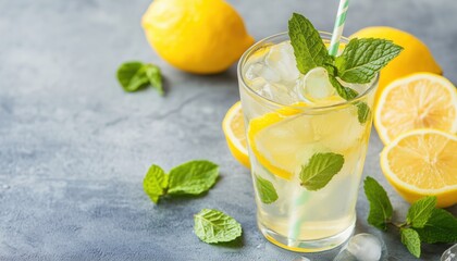 Fototapeta premium Homemade Lemonade With Lemon And Mint On A Grey Background: A Refreshing Drink Served With Ice. Delicious And Cooling.